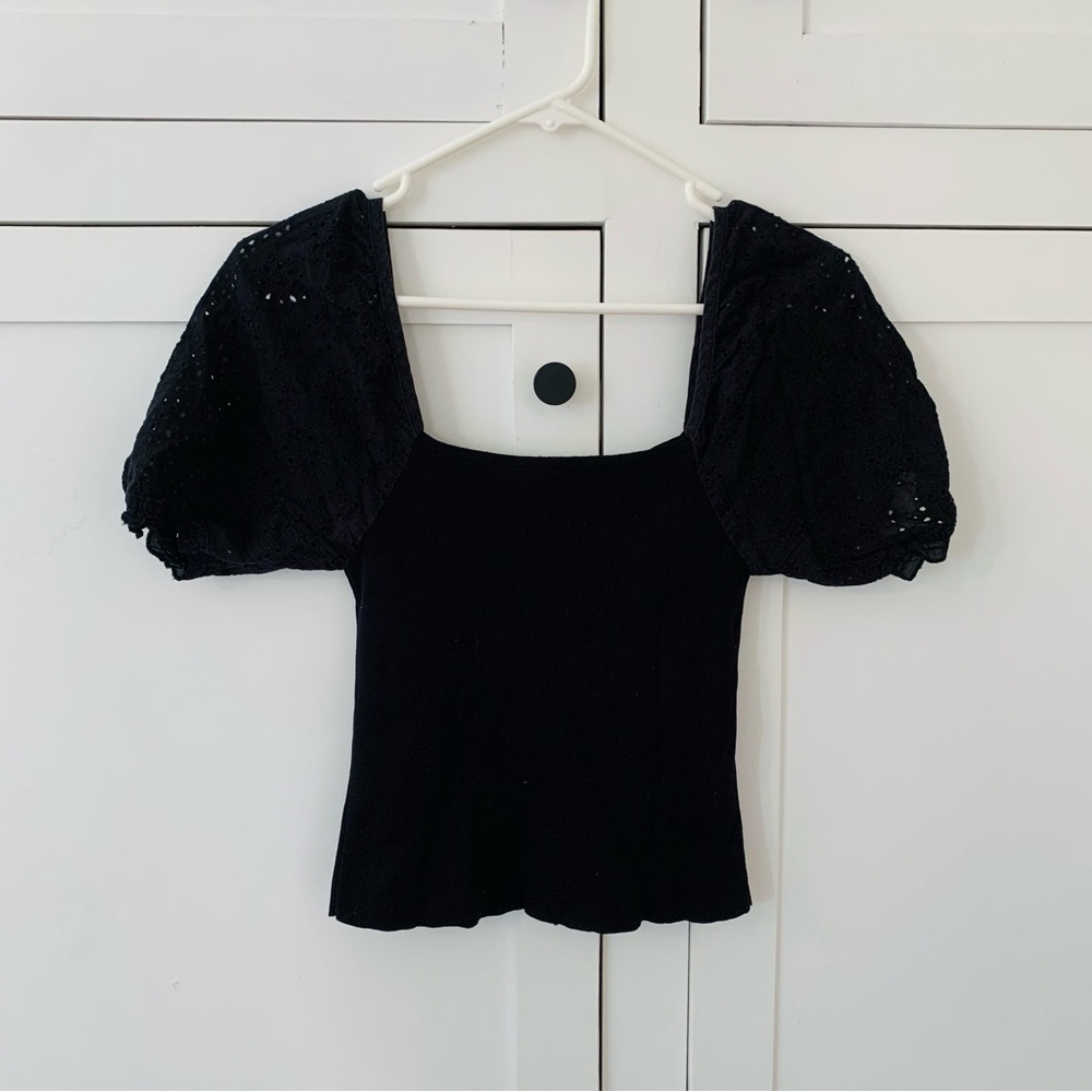 Bershka Black Eyelet Puff Ribbed Crop Top Size Large